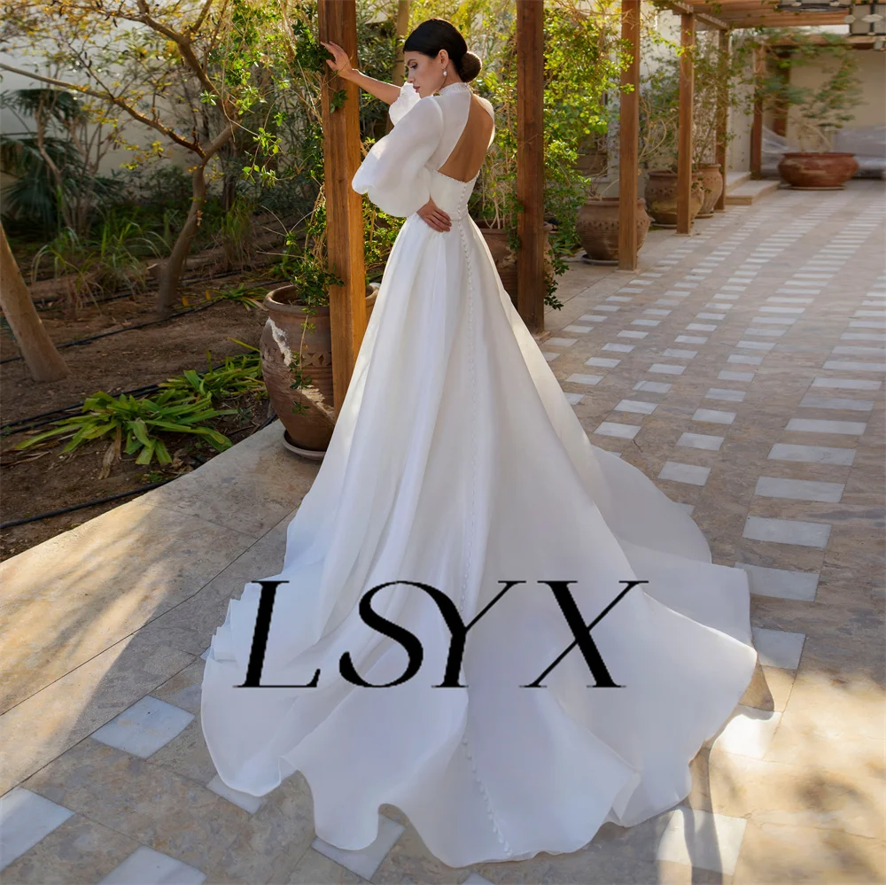 Lsyx ชุดแต่งงานผ้าโปร่งบางคอสูงแขนพองกระดุมหลังทรงเอไลน์ลูกปัดชุดเจ้าสาวแบบสั่งทำ