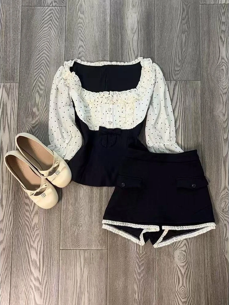 Korean Sweet New Two Piece Set Women Puff Sleeve Ruffle Top + Bow Print Layered Skirt Suit Chic White Kawaii Girl Outfits 2025