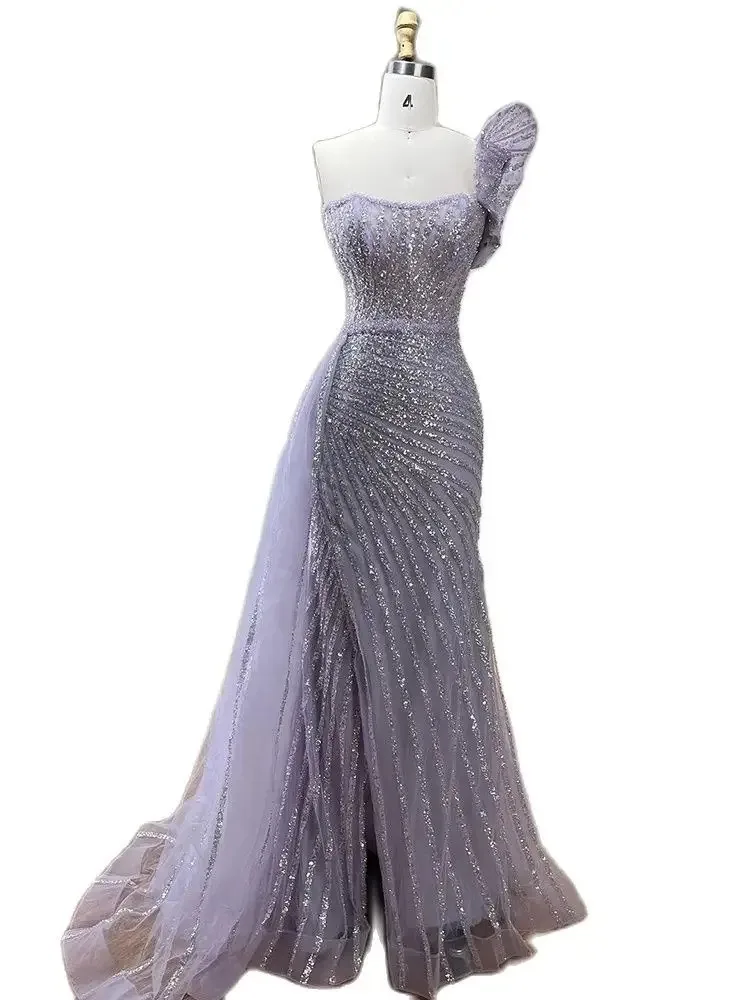 Lilac Purple Hand-beaded One-shoulder Sleeveless Fishtail Banquet Elegant Temperament Dress Wedding Dress