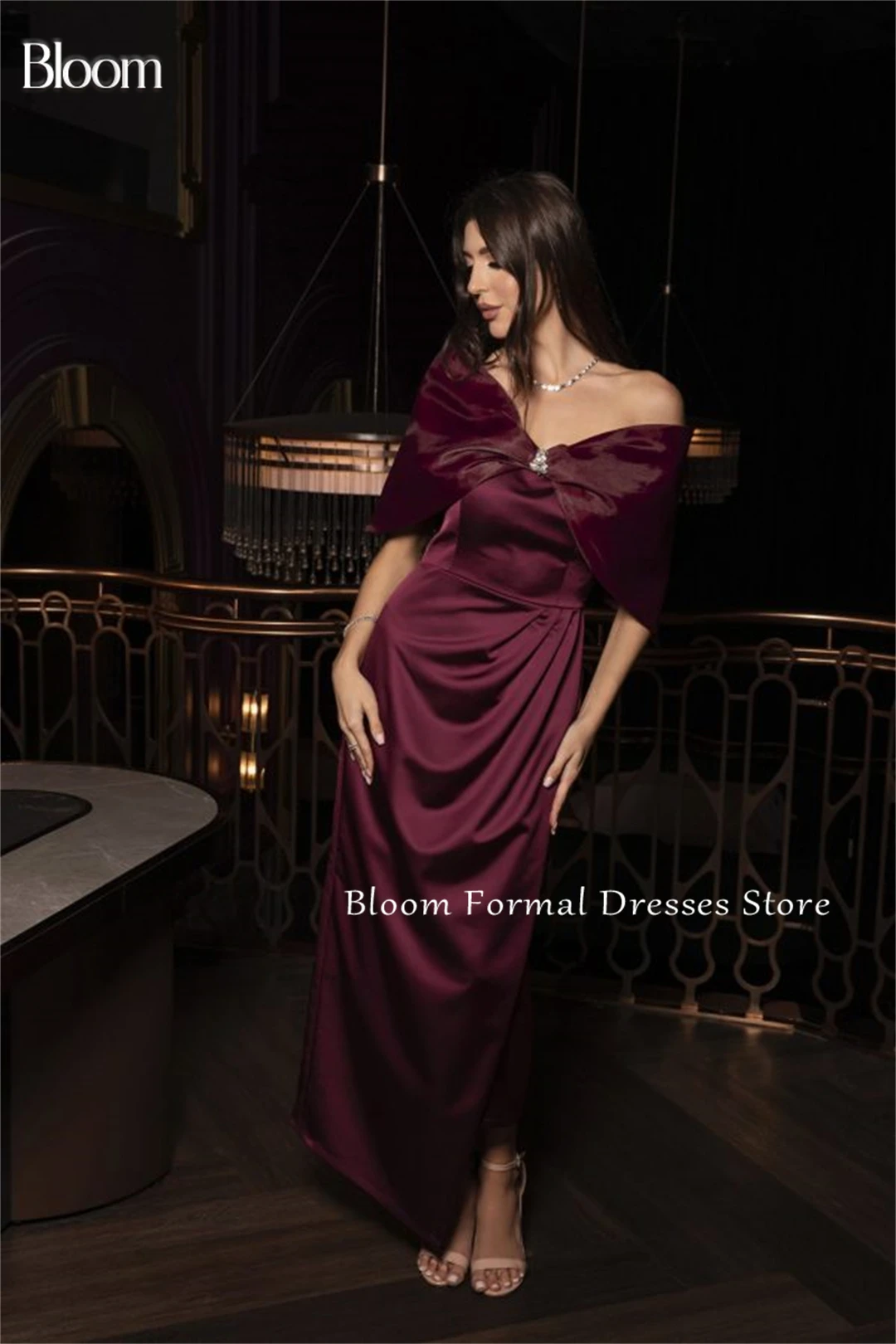 Bloom Off Shoulder Crystal Evening Dresses Ruffles Sleeveless Ankle-length Elegant Formal Wedding Party Dresses For Prom