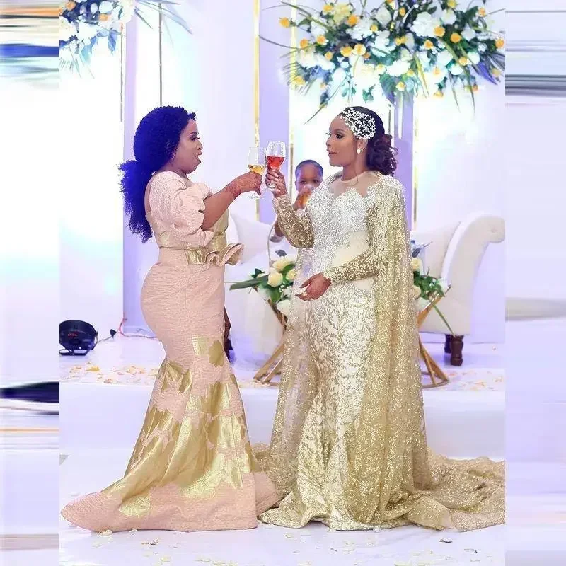 Customized African Lace Wedding Dresses Wit Long Wrap Tassels Gold Champagne Plus Size Bridal Dress Long Sleeve Appliques Beads