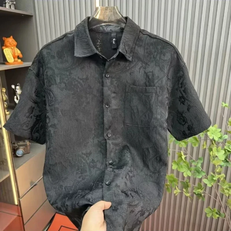 Summer High-quality Chinese Style Short-sleeved Shirt Men Light Luxury Jacquard High-end Black Fashionable Casual Shirt Jacket