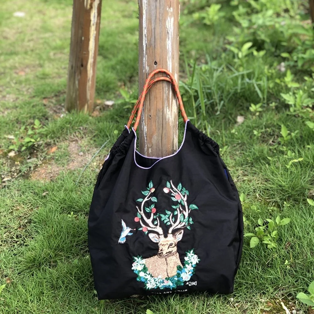 New Elk Embroidery Eco Bag Designer Women Shoulder Bags Large Rope Handle Handbags Nylon Shopper Purses Drawstring Tote Bag Chic