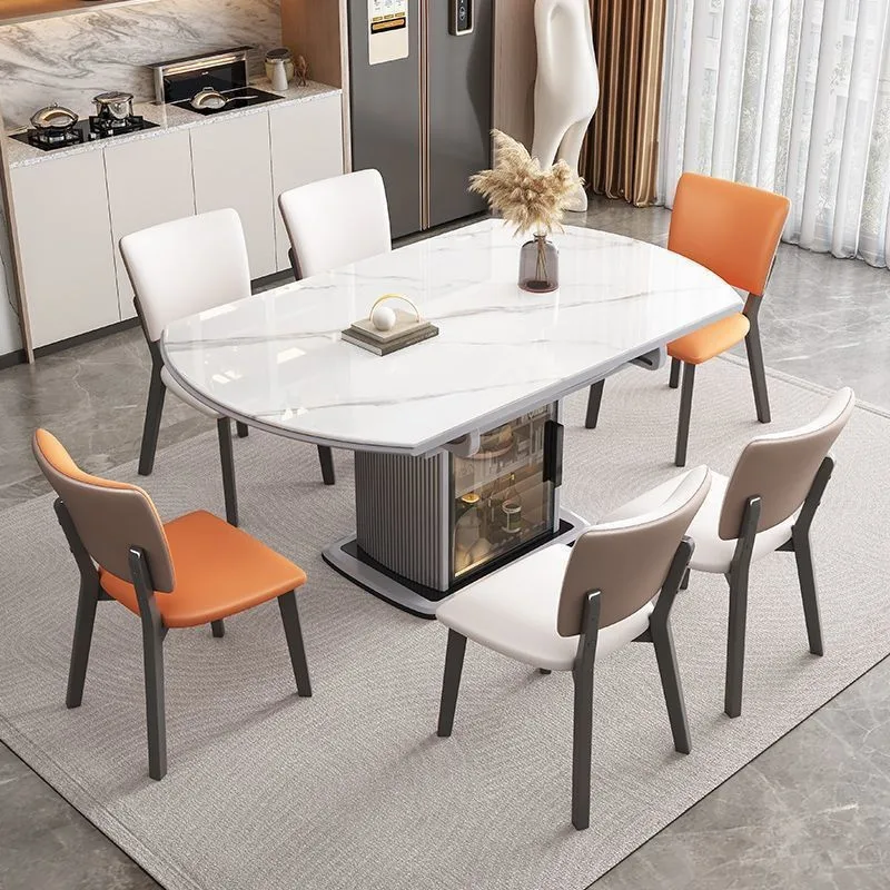 軽奢な岩板IHクッキングヒーター付きダイニングテーブルと椅子、伸縮式収納付き新ダイニングテーブル