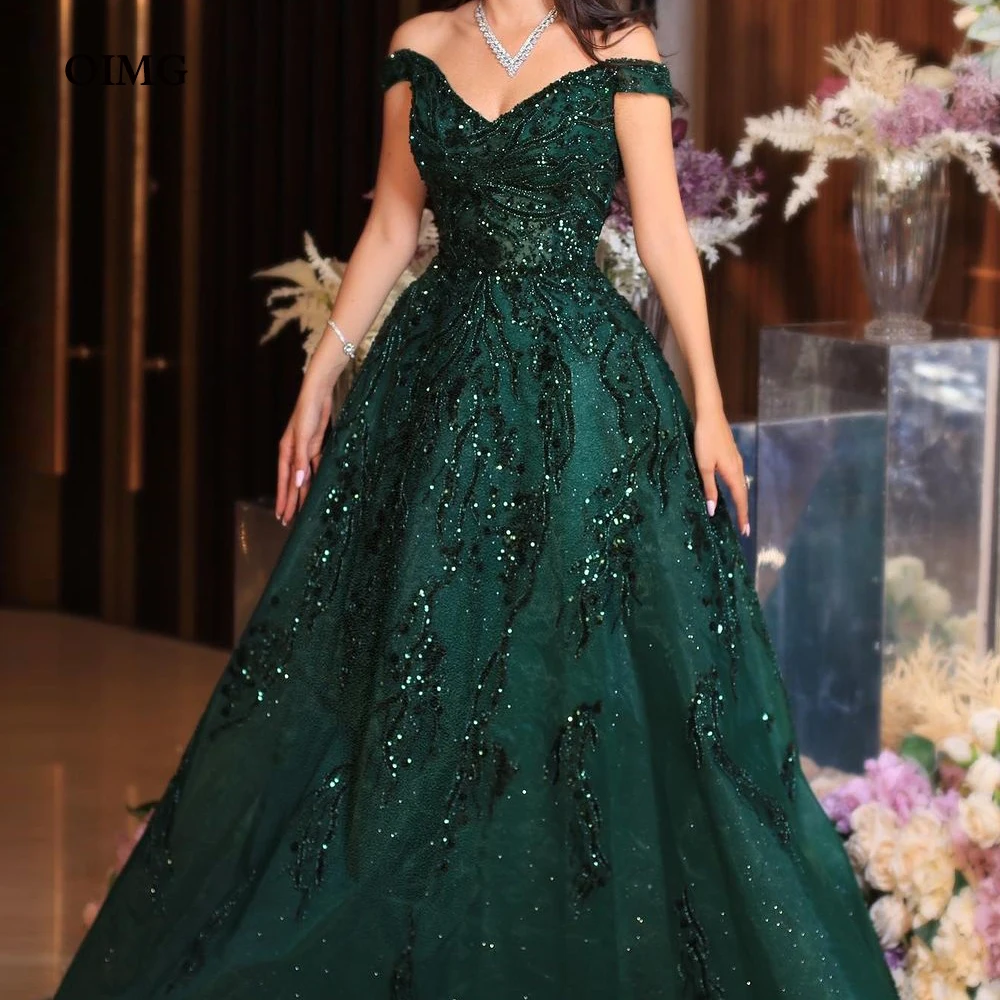 OIMG Queen Green Off spalla abiti da festa formali paillettes lucide abiti da sera lunghi Dubai Night Club Dress Robe de soiree