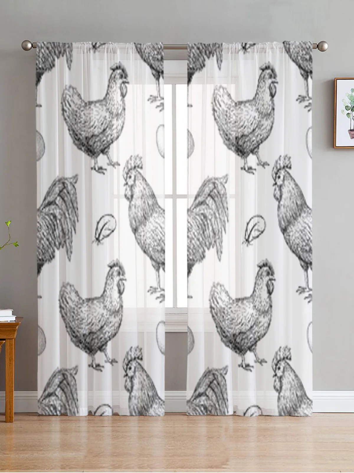 Chicken Hand Drawn Chiffon Sheer Curtains For Living Room Bedroom Decor Kitchen Window Voiles Tulle Curtain