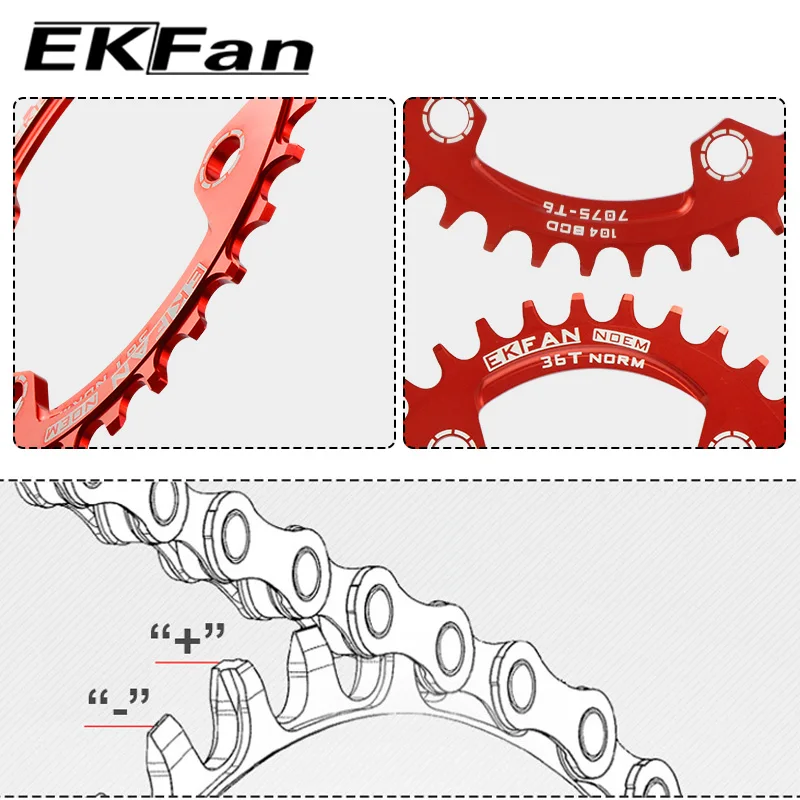 High Quality EKFan 104BCD Bicycle Chainring 32T/34T/36T Narrow Wide Round Oval Cycle Chainwheel MTB Bike chain wheel