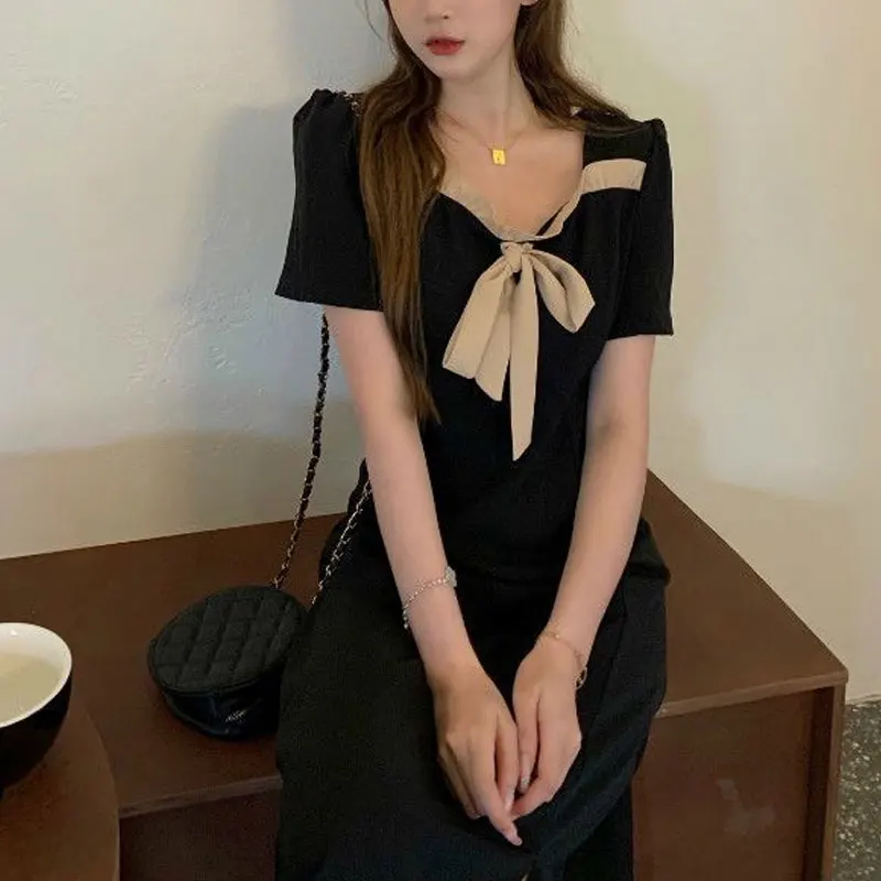 

Summer Vintage Drawstring Midi Dress Fashion Spliced Bow Female Clothing Contrasting Colors French Style Waist Split Dresses New