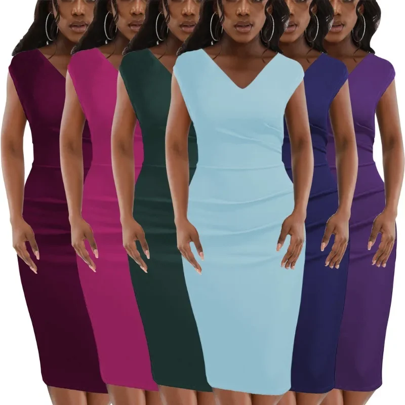 Deep V-neck Sleeveless Knitted Dress Women's Slim Fit Mid-length Bodycon Dress American Style Spring Summer Fashion