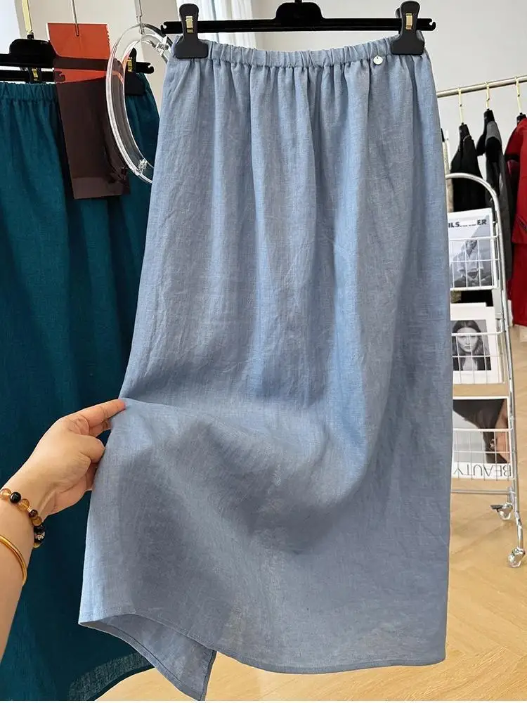 High-end Linen Midi Skirt Women Elastic Waist Split Bodycon Skirt Lightweight Slimming Knee Length Summer Skirt
