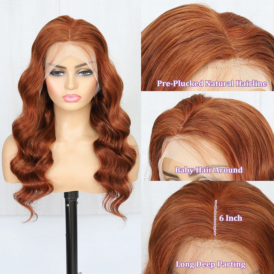 Perruque Lace Front Wig Body Wave brésilienne naturelle, cheveux humains, brun auburn, 13x6 hd, avec baby hair, naissance des cheveux naturelle