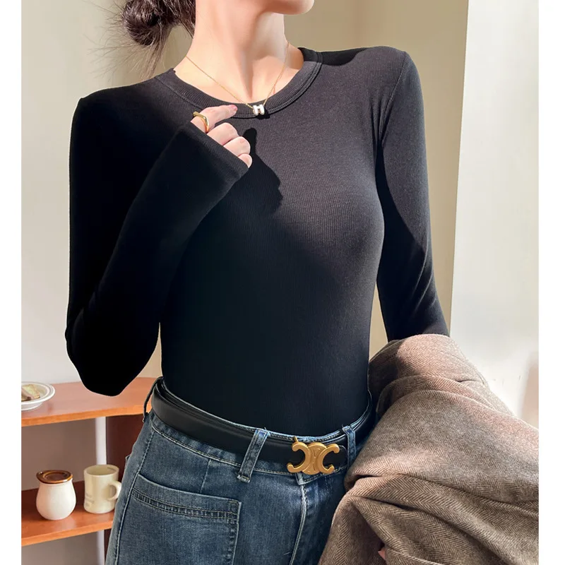 2025 New Thread Round Neck Slim Fit Base Shirt for Women Suitable for Autumn and Winter Thin Long Sleeved T-shirt and Outerwe