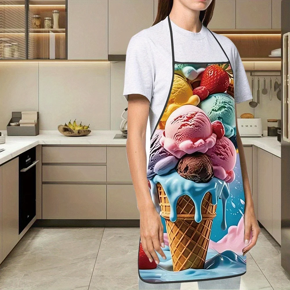 Colorful Ice Cream Cone Kitchen Apron - Sweet Summer Dessert Graphic Linen Bib for Women Men Cooking Baking Party Gift