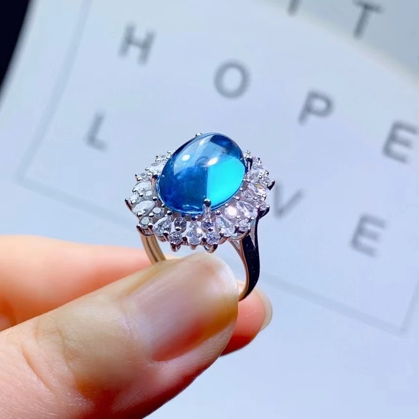 

Solid 925 Silver Cabochon Topaz Ring for Office Lady 6ct 10mm*14mm VVS Grade Natural Topaz Jewelry Woman Birthday Gift