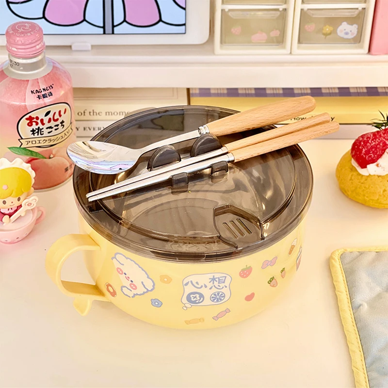 Cute Ramen Bowl With Chopsticks Lid Spoon Kawaii Stainless Steel Instant Noodles Fruit Salad Soup Big Bowl Kitchen Tableware