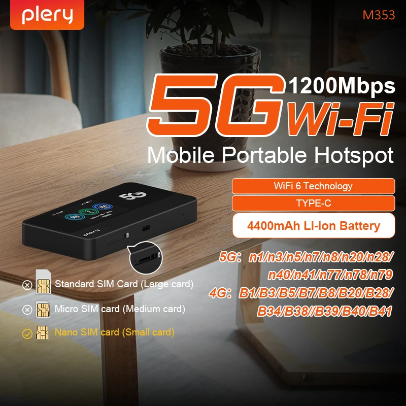 

Plery 5G WiFi6 Mobile Hotspot 2.77Gbps with 4400mAh Battery 2.4G/5.8G 1800Mbps Support 30 Devices for Travel/Office/Home