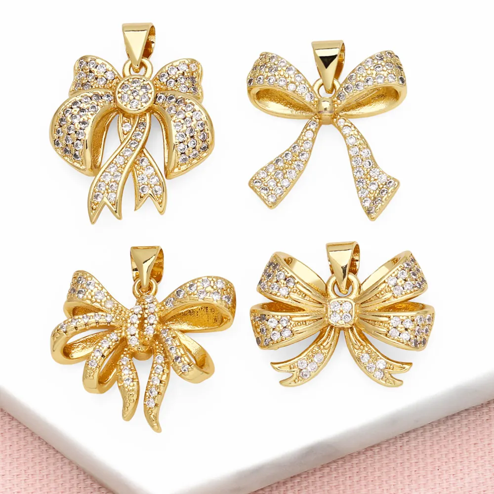 OCESRIO White Crystal Butterfly Knot Pendant for Necklaces Copper Gold Plated Jewelry Making Supplies Wholesale Bulk pdtb562