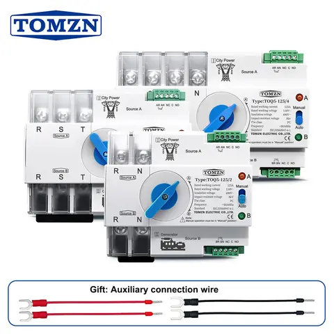 TOMZN AC 110V 120V ATS 2P 3P 4P Dual Power Automatic Transfer Switch 63A 100A 125A Uninterrupted Power Selector Switch Din Rail