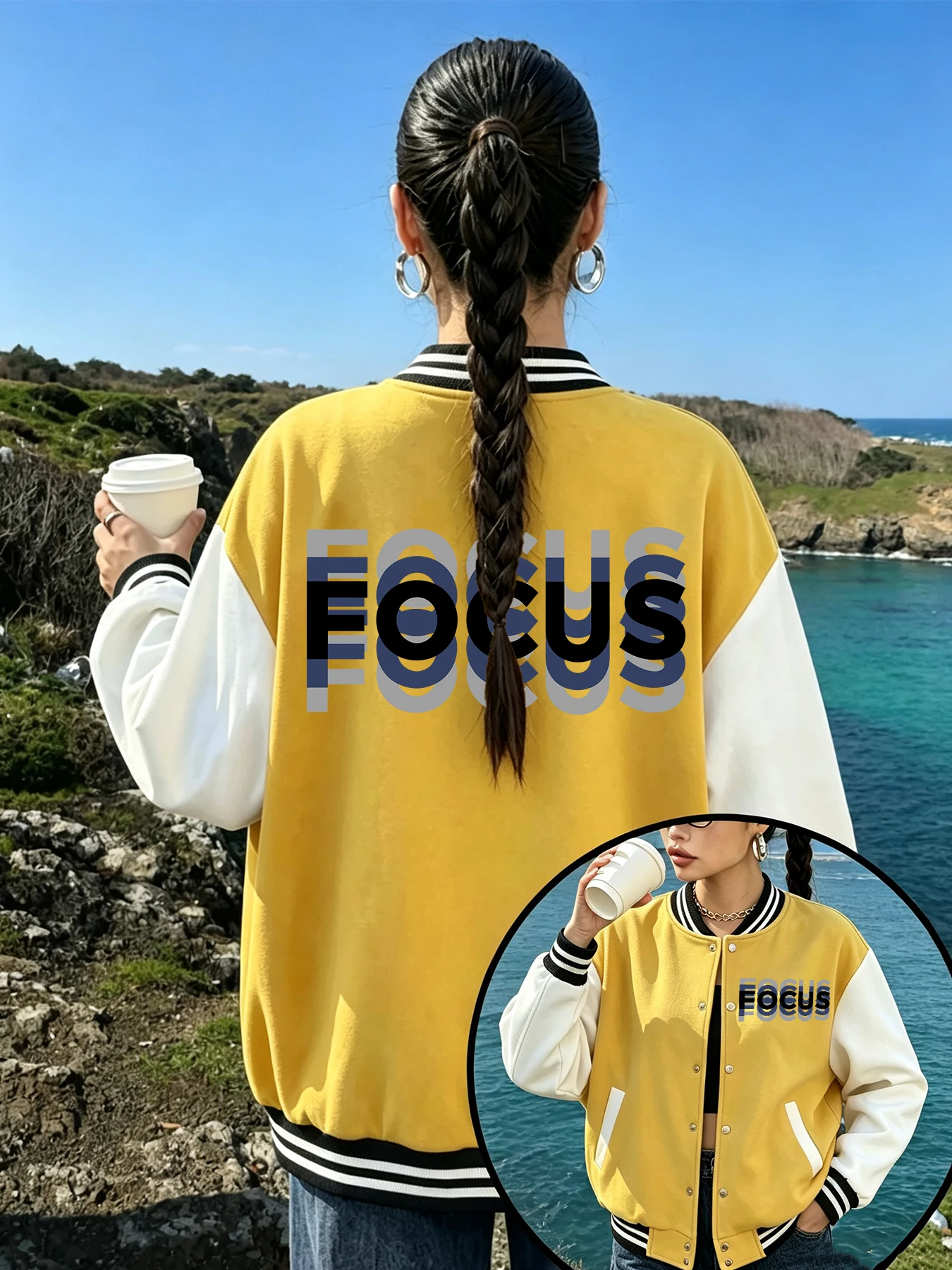 Focus Overlap Art Letter Design Women'S Baseball Uniform Loose Colorful Jackets Autumn Cotton Streetwear Button Female Clothes