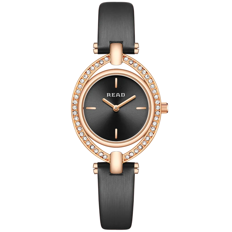READ Ladies Analog Dress Watch | Slim Oval Case | Polished Bezel Frame | Black Textured Band | Daily Water Resistant Wrist Watch