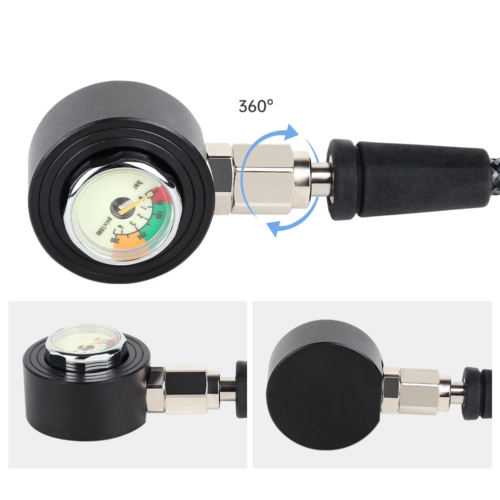 7 16 20UNF Thread Luminous Dial 360 Degree Rotation Feature Pressure Gauge for Scuba with Carbon Fiber Woven Hose