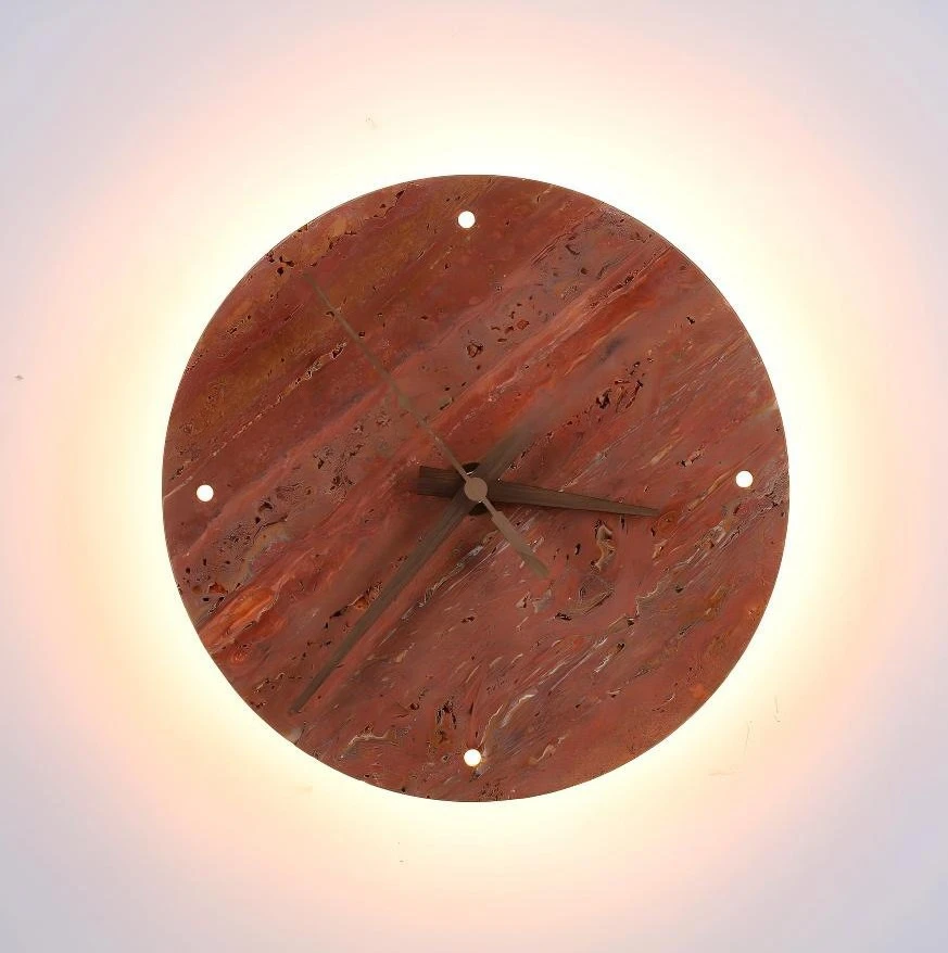 Wabi-sabi Style Yellow Travertine Round Clock Designer Staircase Hallway Luxury Living Room Bedroom Bedside Clock Wall Lamp