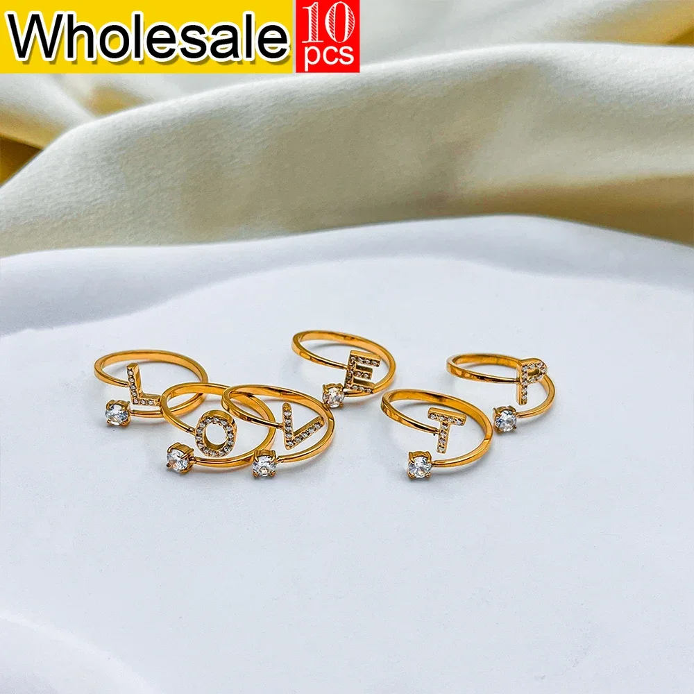 Women Love Rings 10PCS Stainless Steel 26 Letters Ring Initial Adjustable Finger loop Romantic Zirconia Lady Wedding Accessories