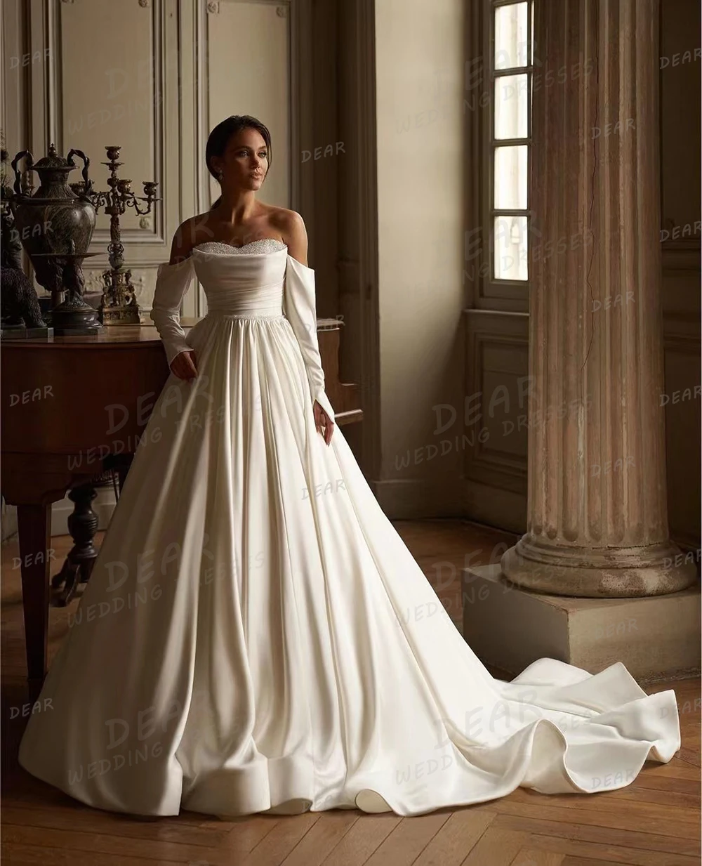 Elegant Wedding Dresses A Line Sexy Long Sleeve Women's Bridal Gowns Sweetheart Off Shoulder Pleat Satin Vestidos De Novias 2024