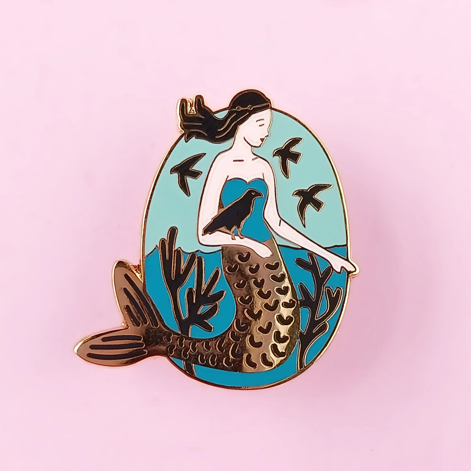 Charm Beautiful Mermaid and Black Crow Hard Enamel Pin Cartoon Fantasy Animal Medal Brooch Accessories Fashion Unique Jewelry