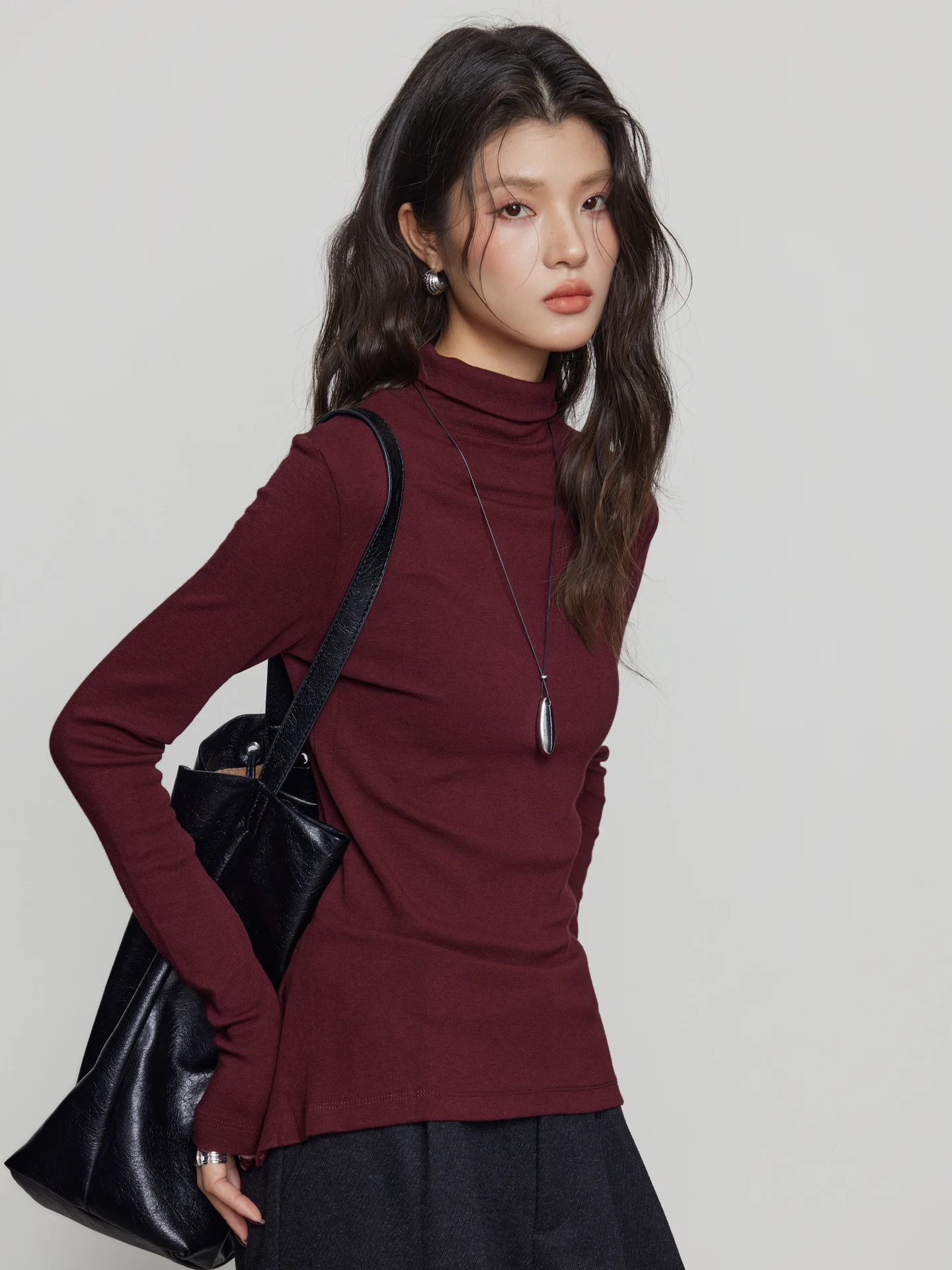 

KEARA Wine Red High Collar Slim Fit Knitwear Bulk Collar Inner Wear Autumn Winter Commute Slimming Top Women's Faion