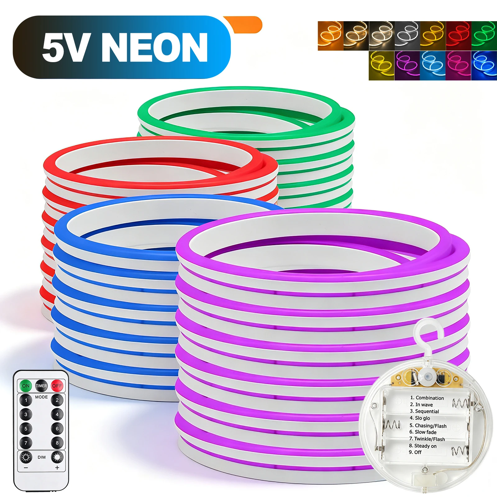 3AA Battery powered Neon Rope Light 8 Lighting Modes Waterproof White/Pink/Yellow/Blue Silicone Strip for Party Festival Decor