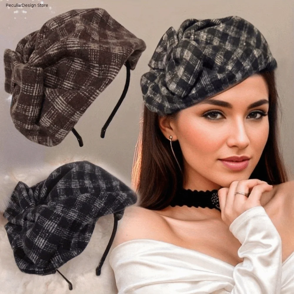 

Retro Vintage Half-cap Headband Checkered Elegant Bowknot Headwear French Style Delicate Hair Accessories Party Decoration