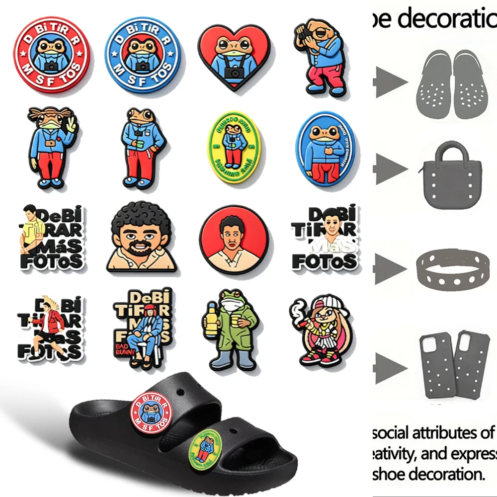 Latin American Style PVC Shoe Charms Cartoon Frog&Text Themed Waterproof Shoe Decorations for Clogs Ideal Gifts for Music Fans