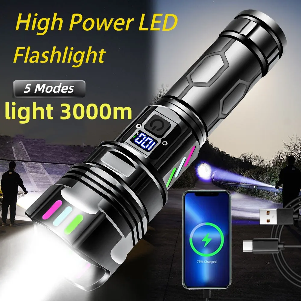 

Ultra Powerful LED Spotlight Long Range Flashlight Fluorescent Absorbing Film Luminous Zoom Flashlight Camping Emergency