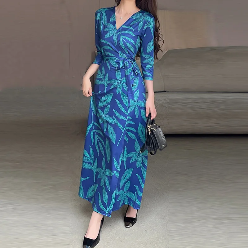 FANIECES Exclusive 35 Choice Print Wrap Long Dresses Wholesales Summer Fall Half Sleeve V Neck Belted-up Women Party Maxi Dress