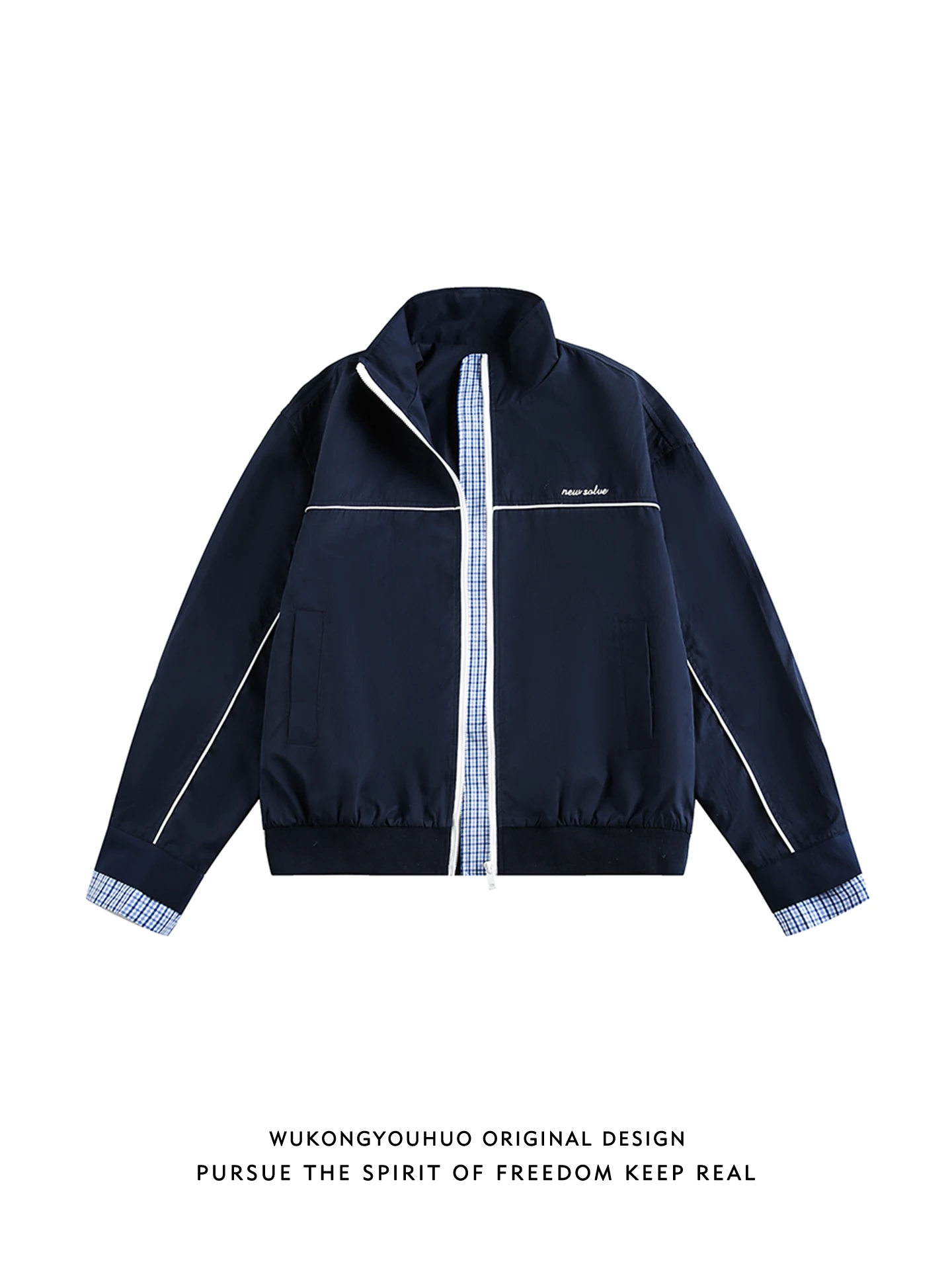 

Spring American Sle Loose Fit Plaid Patchwork Collar Jaet ex Retro Couple Outerwear Youth ular Casual Wear