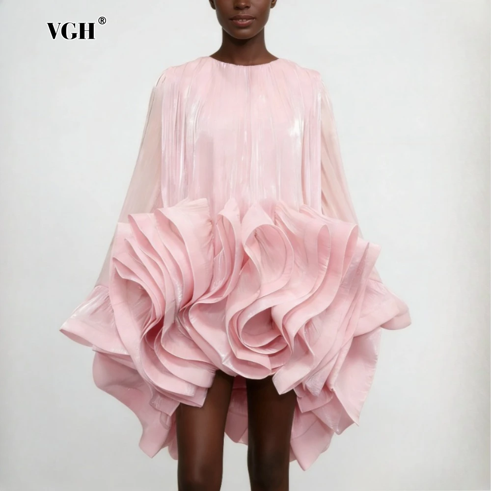 VGH Rosa Locker Geschnittenes Kleid mit Falten für Damen, O-Ausschnitt, Langarm, Französischer Intellektueller Stil, Sommermode, Neu