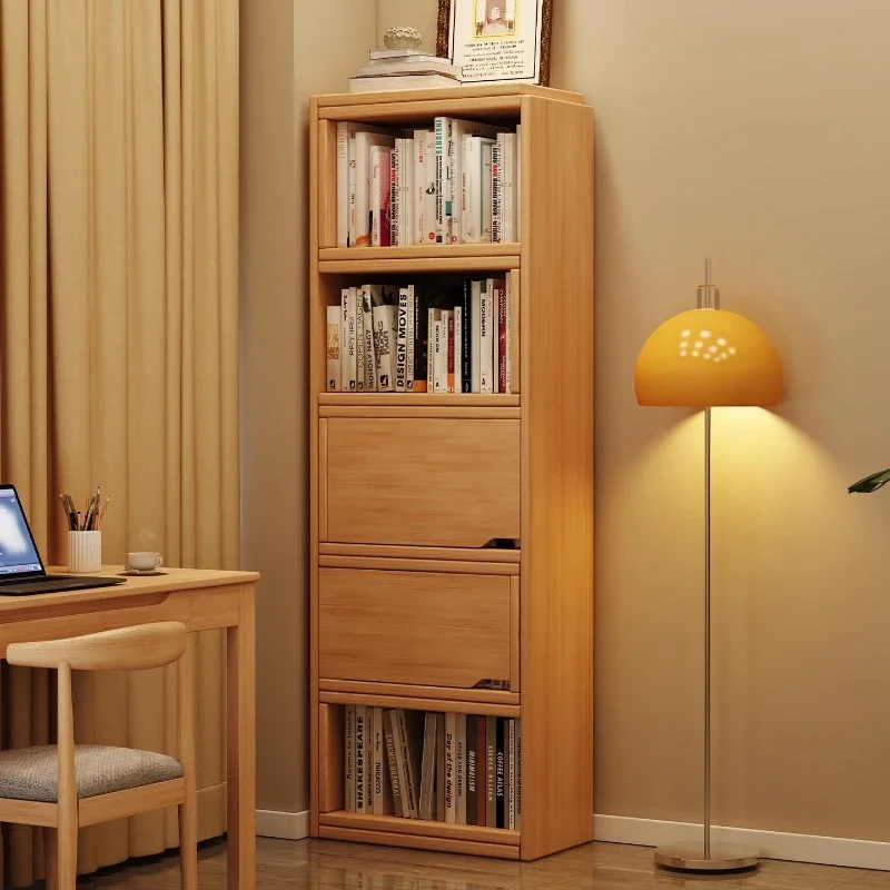 Bookcase retractable storage cabinet solid wood core living room floor shelf against the wall household bookshelf