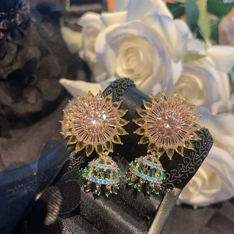 

Multicolor Cubic Zirconia Flower Wind Chime Tassel Earrings for Women Charm Wedding Party Jewelry Rhinestone Dangle Drop Earring