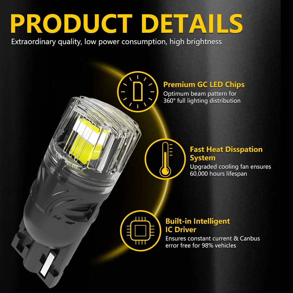 2Pcs Canbus T10 LED W5W LED Bulb No Error Car Interior Trunk Lights Side Marker License Plate Lamp White Super Bright