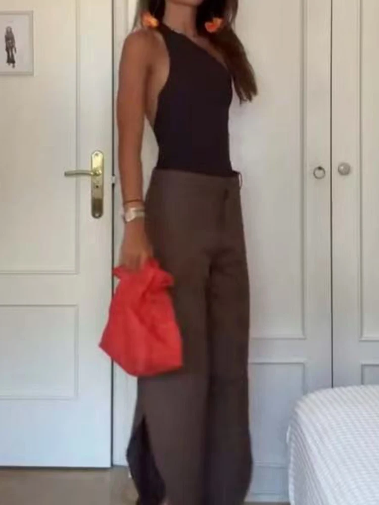 Casual cor sólida roupas de férias senhora sem mangas oco para fora magro duas peças design moda estilo slash colarinho topos & calças conjuntos