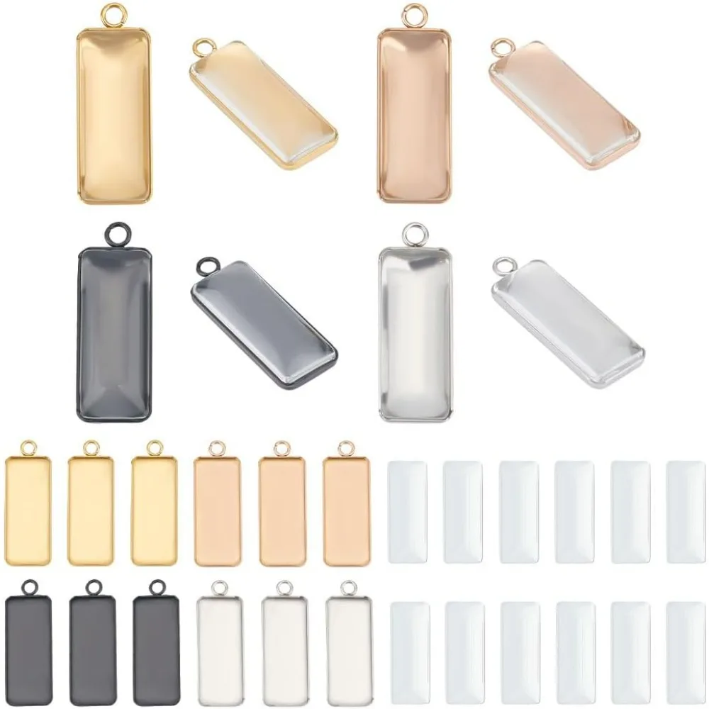 24 Sets 4 Colors Rectangle Cabochon Pendants 10x25mm Tray Blank Pendant Base with Glass Cabochons 304 Stainless Steel Necklace