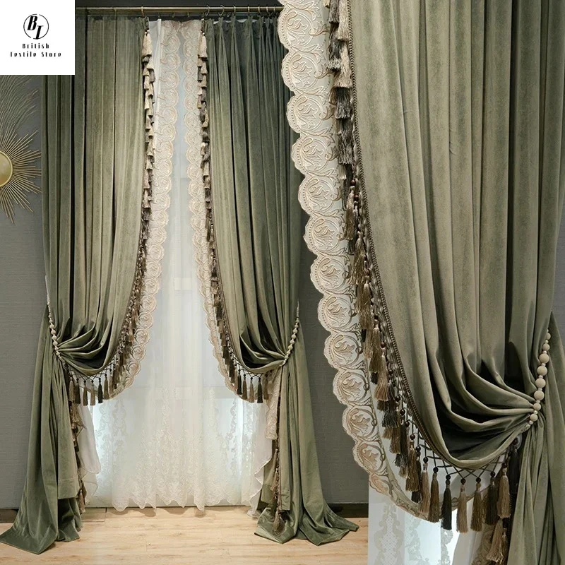 

Custom Size！！American Retro Dark Green Velvet Thickened Fashion Blackout Elegant Curtains for Living Room Bedroom Decor Window