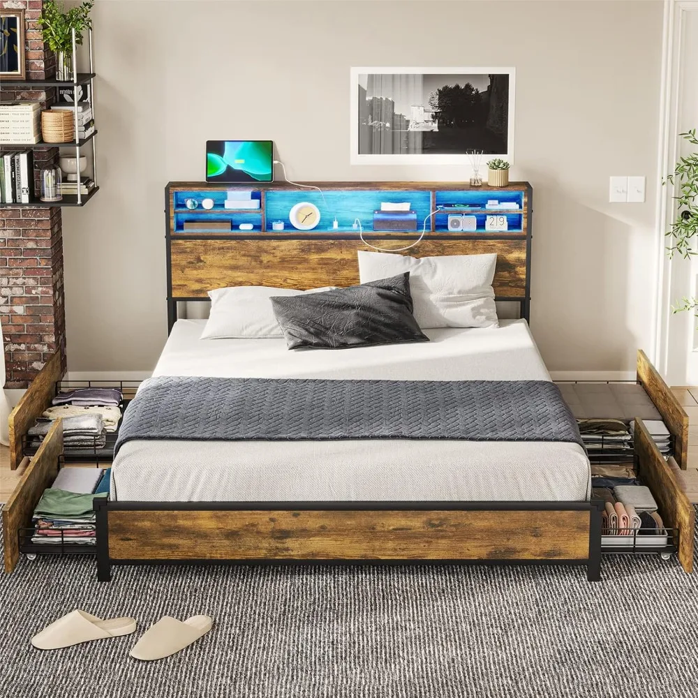 

Queen Size Bed Frame with LED Lights Headboard & 4 Storage Drawers, Smart Platform Bed with Outlets & USB Ports, LED Bed Frame