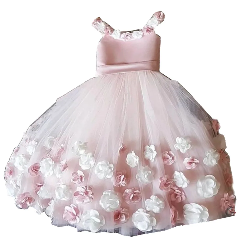 

Puffy A-line Flower Girl Dresses Lace Beading Communion Dress Tulle Sashes Straps Ball Gown Girl Party Dress New