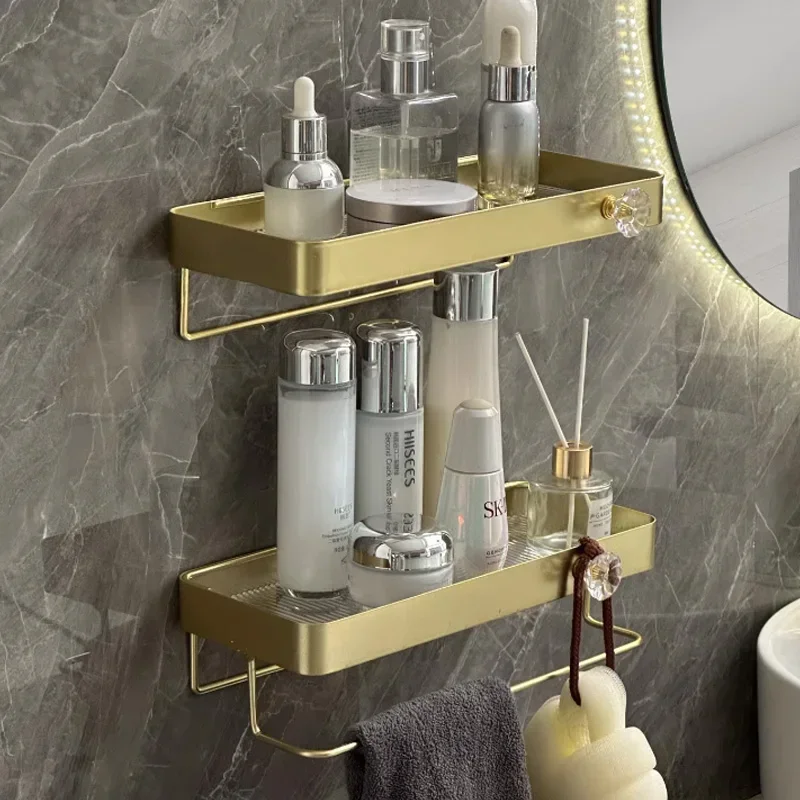 Gold storage rack without punching bathroom sink washbasin wall mounted cosmetic storage rack bathroom accessories shelves