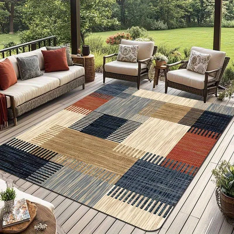 Boho Patchwork Floor Mat Woven Straw Rug Non-slip Natural Jute Carpet for Outdoor Patio Porch Garden Deck Home Decor