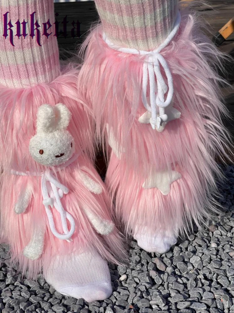 Kukeita Harajuku Lovely Pink Leg Warmer Boots Socks Y2k Punk Women Kawaii Bunny Lace-up Faux Fur Leg Covers Knitted Long Socks