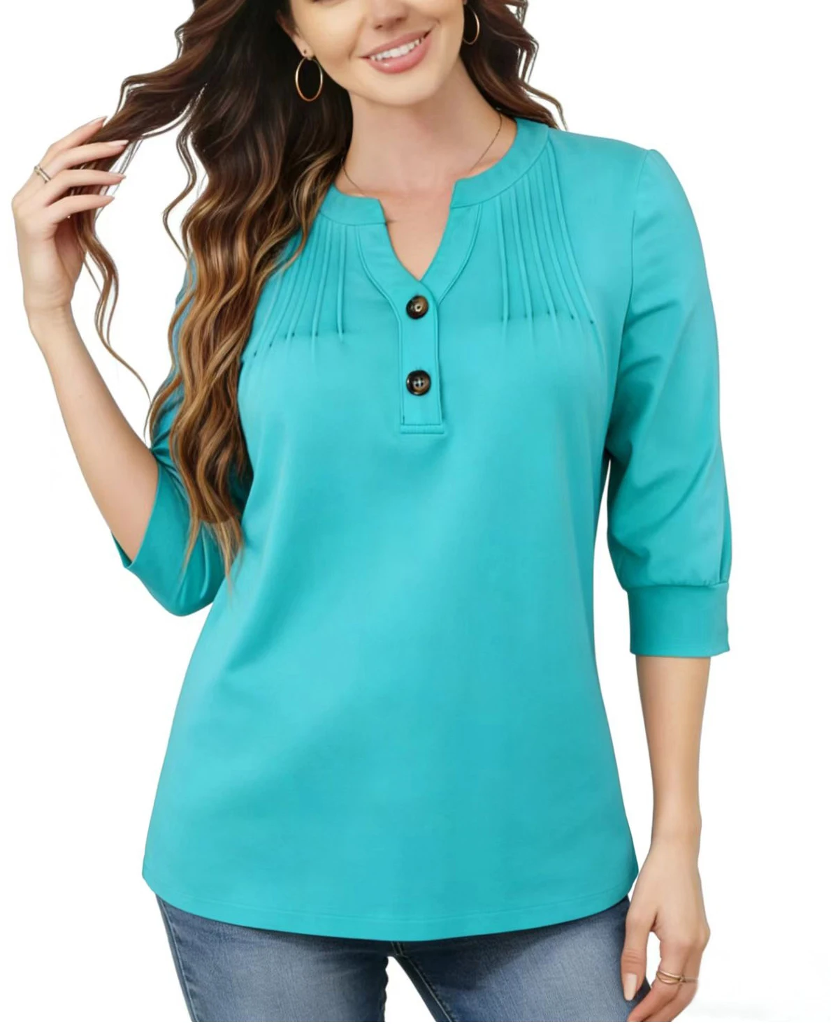 

Summer plus Size V-Neck Top Women's Cotton Loose Solid Color 3/4 Sleeve Stand Collar Casual Overhead Shirt for Autumn
