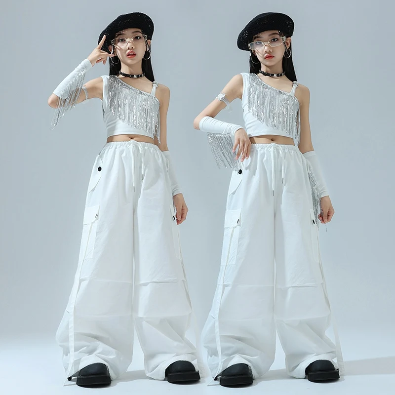 

Белая одежда для джазовых танцев для девочек, верх, брюки, Детский костюм для выступлений в стиле хип-хоп, модные сценические костюмы в стиле K-POP BL13717